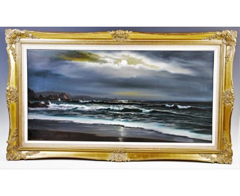 A Beardsley (British, 20th century),  Seascape with cloudy moonlit sky,  Signed lower left,40cm x 80cm,Gilt framed,  With a f