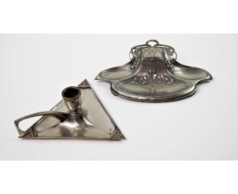 A WMF Art Nouveau pewter desk stand and inkwell, the relief-cast body with clover and berry design, hinged cover and glass in