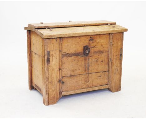 A 19th century pine trunk, possibly Scandinavian, the domed slatted cover above slatted panelled sides, upon stile feet, 60cm