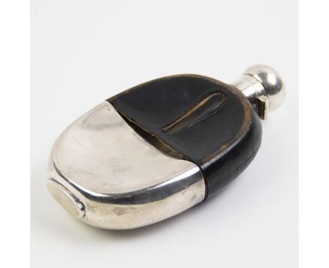 A Victorian silver and glass hip flask, Walker &amp; Hall, Sheffield 1897, black leather covering with engraved floral decora