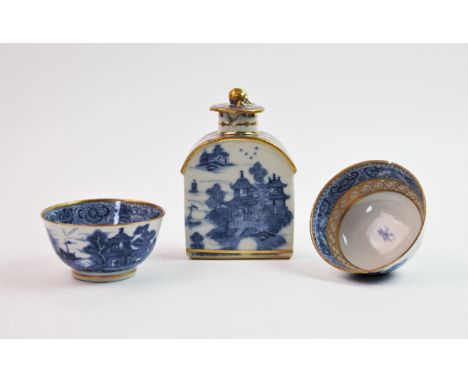 An 18th century Chinese export porcelain blue and white tea caddy, of rectangular arched form, with cylindrical neck and cove