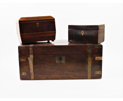 A George III yew wood tea caddy, with inlaid stringing, lacking interior,21cm long, a 19th century brass embellished mahogany