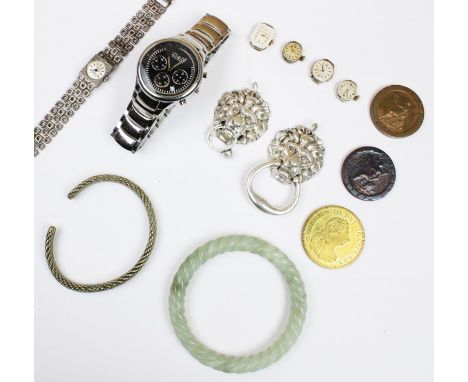 An assortment of lady's and gentlemen's costume jewellery, to include a carved jade coloured bangle, a silver blue john set d