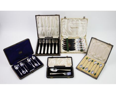 A selection of silver and silver plated cased flatware, comprising: a George VI silver christening set, William Suckling Ltd,