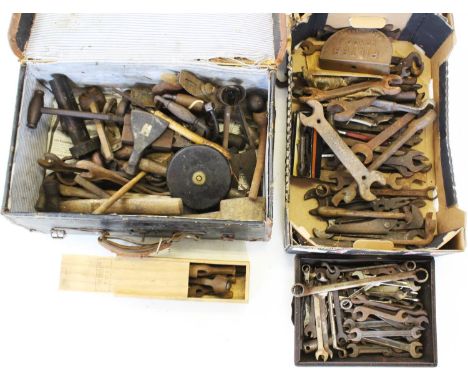 A collection of vintage spanners and tools, makes to include Nicholson and Bamford, also a 'Pilter London' cast iron implemen