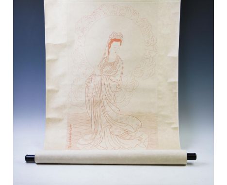 Chinese School, (20th century) watercolour on paper, depicting a Guanyin arriving on a lotus, signed, 80cm x 44cm, within scr