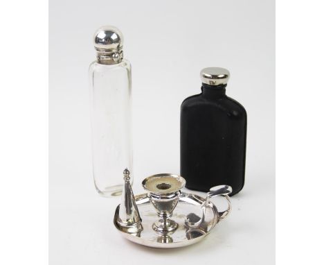 A silver topped flask, Wright &amp; Davies, London 1929, the moulded glass body of rectangular form, with a spring hinged cov