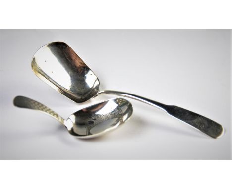 A George III silver fiddle pattern caddy spoon 'I T', Birmingham 1797,11.8cm long, with a further George III silver caddy spo