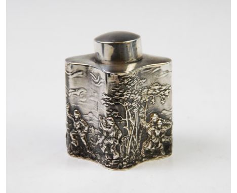 An Edwardian silver tea caddy, probably T H Hazlewood &amp; Co, Birmingham 1908, of quatrefoil form with embossed landscape d