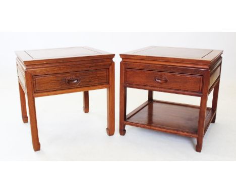 A near pair of Japanese influence rosewood lamp/bedside tables,  each table with a frieze drawer and symbol of Shou style han