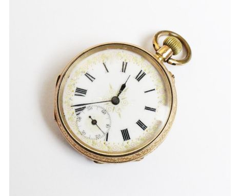 A lady's 14K gold open face fob watch, the white enamel dial with applied gold decoration, Roman numerals and subsidiary seco