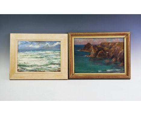Attributed to Harry Prest (Cornish school 20th century),Oil on board,Coastal scene at sunset,Unsigned,24cm x 34cm, Framed, Wi