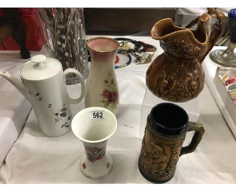 Five ceramic items including coffee pot, jug and vase