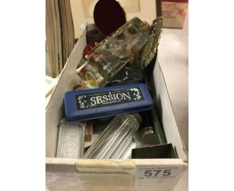 A box od miscellaneous items including harmonica, pill box etc