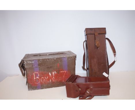 Military Ammunition Box together with 2 Military Leather Cases 