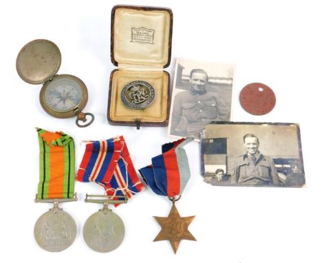 Three WWII medals to Flight Sergeant Walter Johnson, comprising 1939-45 Star, Defence and War Medals, together with two photo