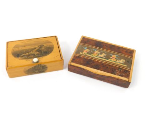 A 19thC Mauchline ware stamp box, printed to the lid with a view of Hastings Pier, and to the front a view of Eversfield Plac