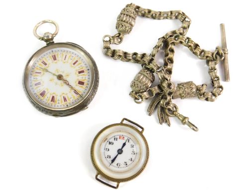 A lady's late 19thC pocket watch, open faced, key wind, white enamel dial bearing Roman numerals, the case with engraved flor