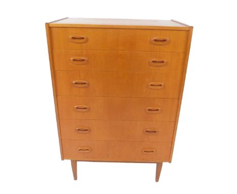 A Danish light teak chest of drawers, c1960's with six drawers, raised on tapering square legs, bears label verso for Parker 
