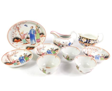 A Newhall porcelain late 18thC part tea service, decorated with chinoiserie figures in a garden, comprising cream jug, teapot