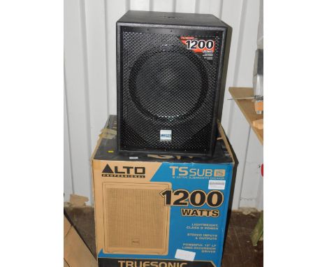 An Alto Profession TS sub woofer speaker, 15" active, 1200watts, with lightweight class D power, stereo inputs and outputs an