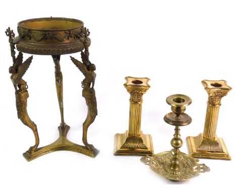 A French Empire style brass dish holder, raised on three Sphinx and cabriole legs, on a triform base, 26.5cm high, together w