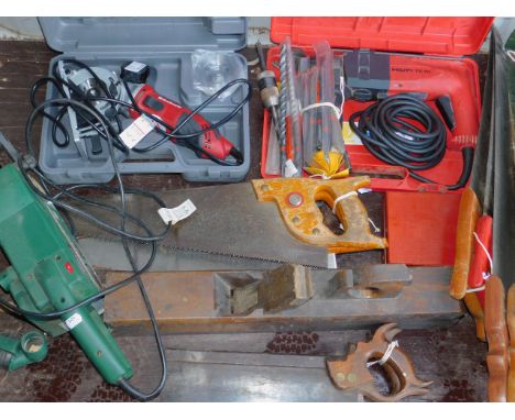 An Einhell mini hand held circular saw, Hilti TE10 rotary hammer drill, quantity of Hilti drill bits, Marksman four piece TCT