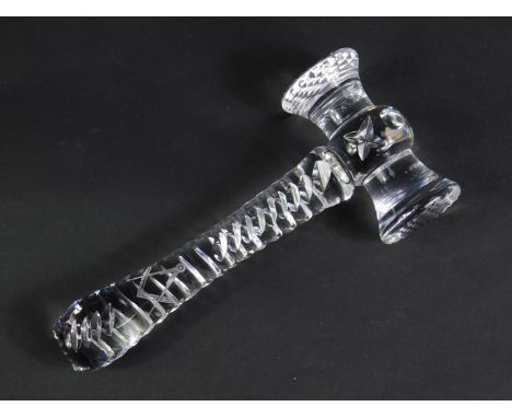 A Tudor cut glass Masonic gavel, etched with the set square and compass, etched mark, 19cm long.