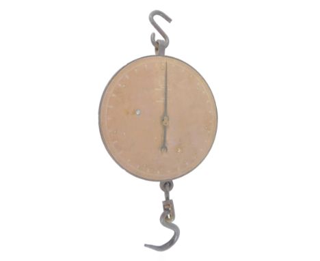 A set of Salters Trade spring balance scales, No 20T, Sylvester's Patent, 150lb x  1/2 lb, cast iron with a circular brass di