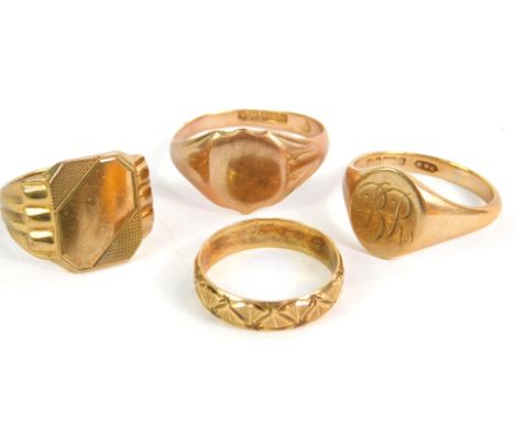 Three gentleman's 9ct gold signet rings, one monogram engraved, sizes O, V and Z, together with a 9ct gold wedding band, with