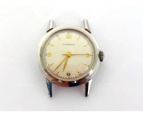 Longines, a 1950s mid size stainless steel manual wind wristwatch, no. 6244/1/112, the silvered dial with gold markers, feuil