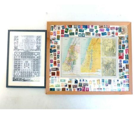 A large display map of ancient and modern Israel with larger scale corresponding maps of Jerusalem, all within a mount covere