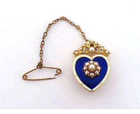 A seed pearl and enamel heart brooch, the blue guilloche enamel ground with a white enamel border, a seed pearl cluster to th