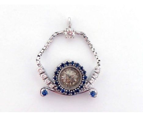 A 1950s sapphire and diamond pendant watch by Jaeger LeCoultre, the bezel set with small round cut sapphires, extending to a 