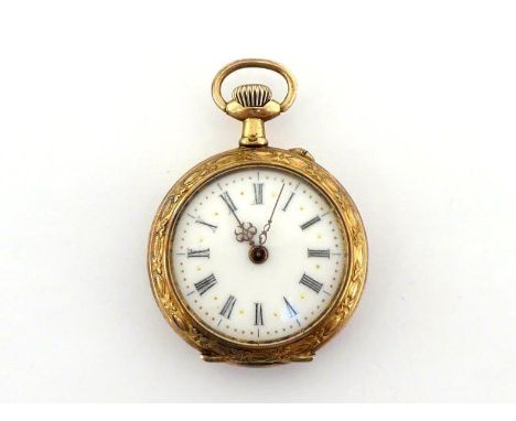 A late 19th century silver-gilt fob watch, the four-piece case with French import marks, the white enamel dial with black Rom