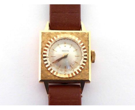 Zenith, a 1950s lady's 18 carat gold manual wind wristwatch, no. 849513, the square case with textured bezel and raised facet