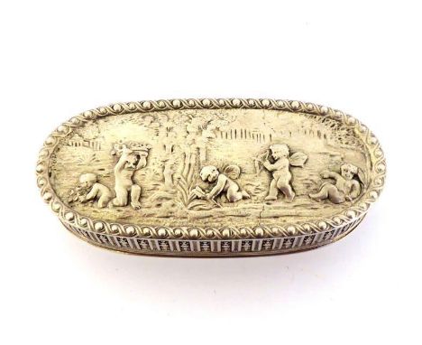 A French .800 standard silver snuff box, circa 1900, rectangular with rounded ends, cover chased in relief with group of putt