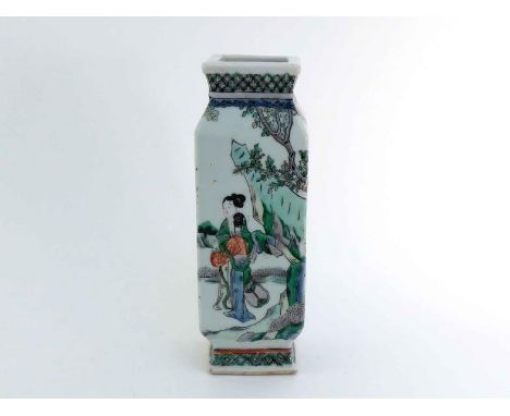 A Chinese famille verte vase,  the square body rising from a short spreading foot to a short neck with everted rim, painted i