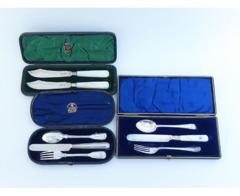 A Victorian silver 3-piece Fiddle & Thread pattern christening set by George Adams, London, 1863 , initialled,(cased); an Edw