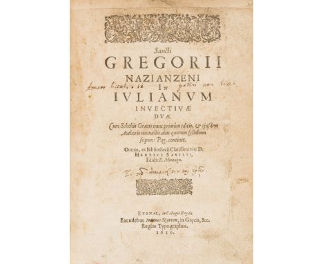 Gregory (Saint, of Nazianzus) In iulianum invectivae duae, edited by Henry Savile and Richard Montagu, first English edition,