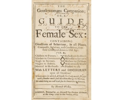 Woolley (Hannah) The Gentlewomans Companion; or, a Guide to the Female Sex, first edition, without the engraved portrait by W