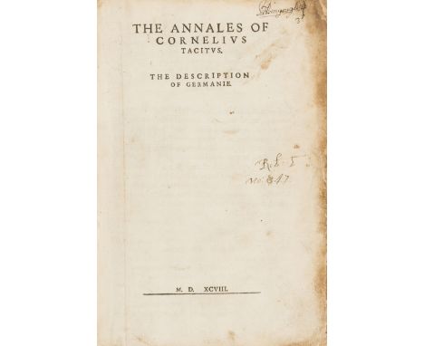 Tacitus (Publius Cornelius) The Annales, first edition in English, first f. blank apart from signature, woodcut decorative in