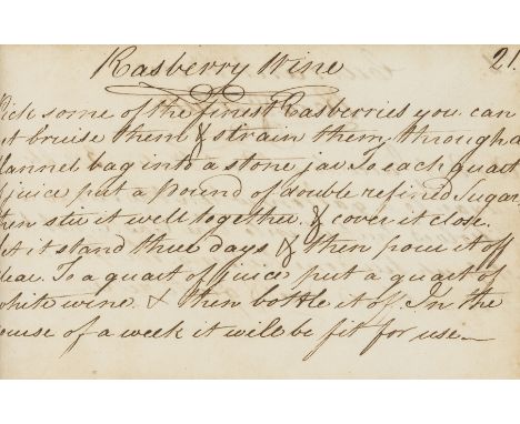 Cookery Recipes.- [Collection of recipes], manuscript, 34pp. & 2pp. index, interleaved with blotting pp., browned, new endpap