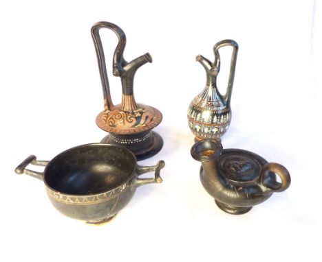 South Italian epichysis, circa 4th C BC, a South Italian guttus, a South Italian skyphos, and a 4th C BC prochous, largest 20