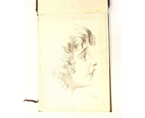 Artist's sketchbook, pencil portrait 1859, watercolour landscapes and book frames, floral studies and scraps, and a late Vict
