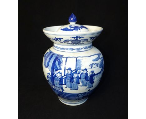 Large Chinese blue and white baluster shape urn and cover, the body decorated with noblemen and attendants watching a militar