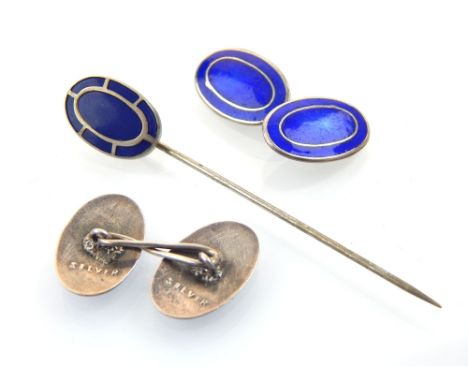 Gentleman's silver and electric blue guilloche enamel cufflinks and tie pin
