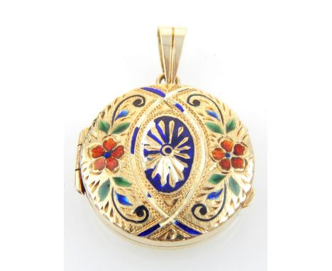 Gold pendant / locket, multi-colour and enamel floral decoration, stamp 585, 5.8g, 2.cm dia