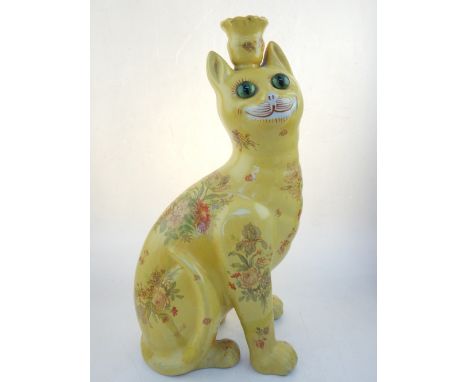 Galle style cat candlestick, yellow glazed printed with flowers 36 cm H 