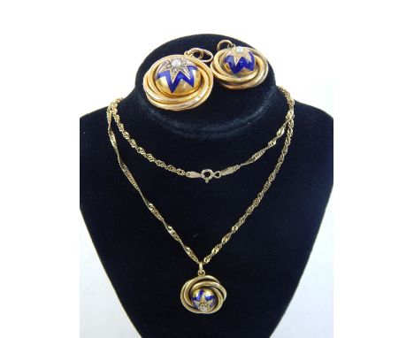 9ct gold necklace and three pendants, each with pearl and star enamel decoration (4)